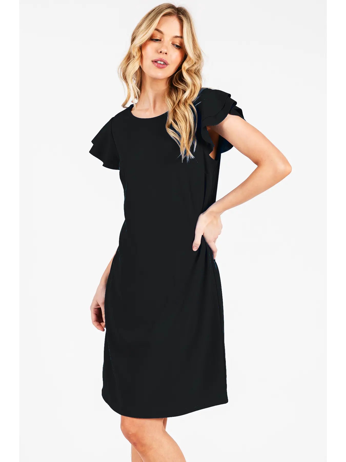 Ruffle Sleeves Solid Tunic Dress- Black