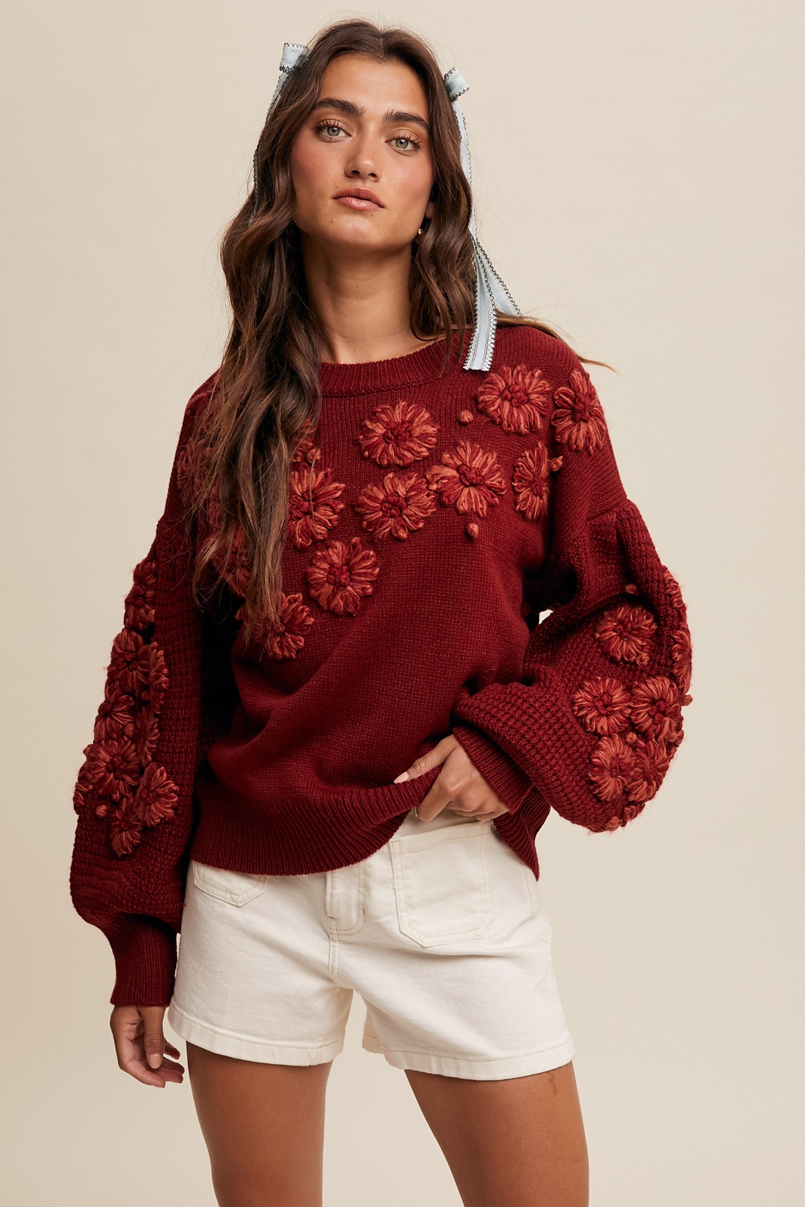Hand Embroidered Flower Detail Knit Sweater-Crimson The Pink Box Hand Embroidered Flower Detail Knit Sweater-Crimson The Pink Box