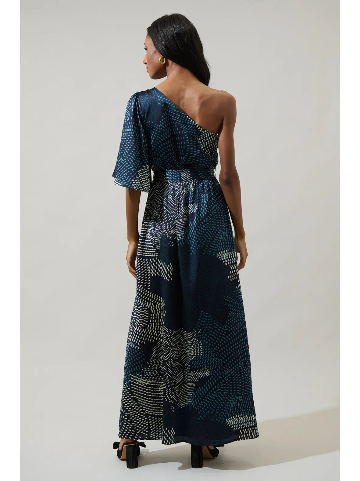 Geometric One Shoulder Satin Maxi Dress