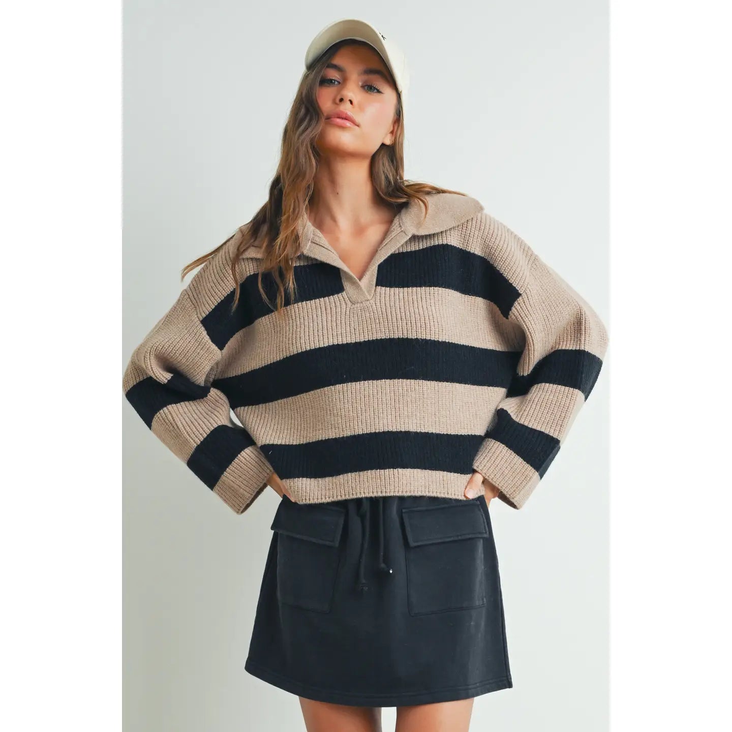 Stripe Drop Shoulder with Wide Collar Sweater-Taupe/Black