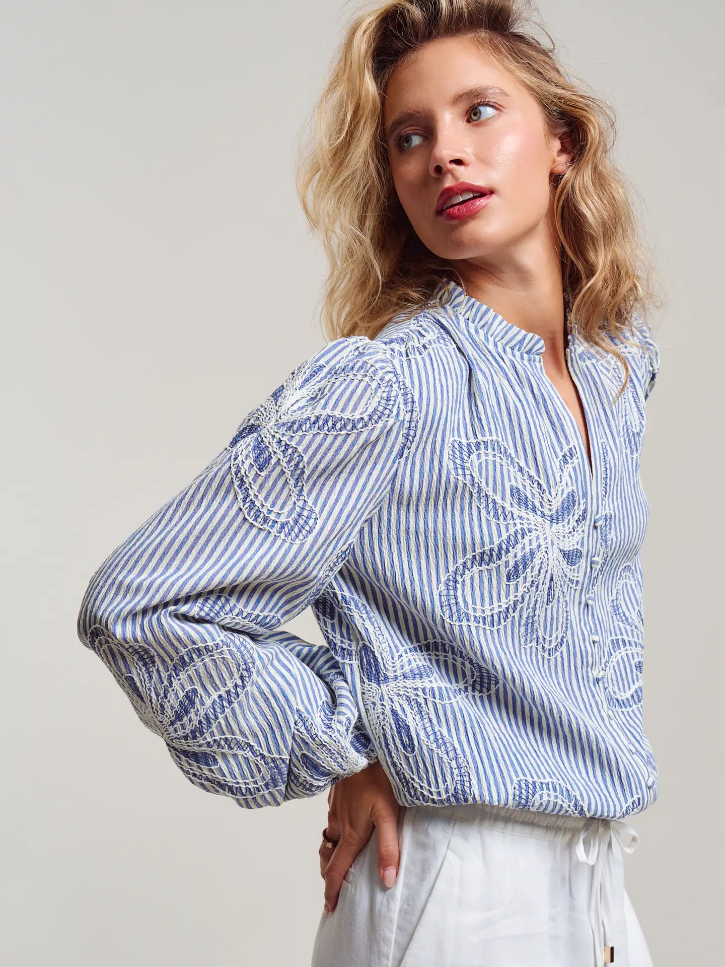 Petra Blue Striped Floral Embroidered Blouse