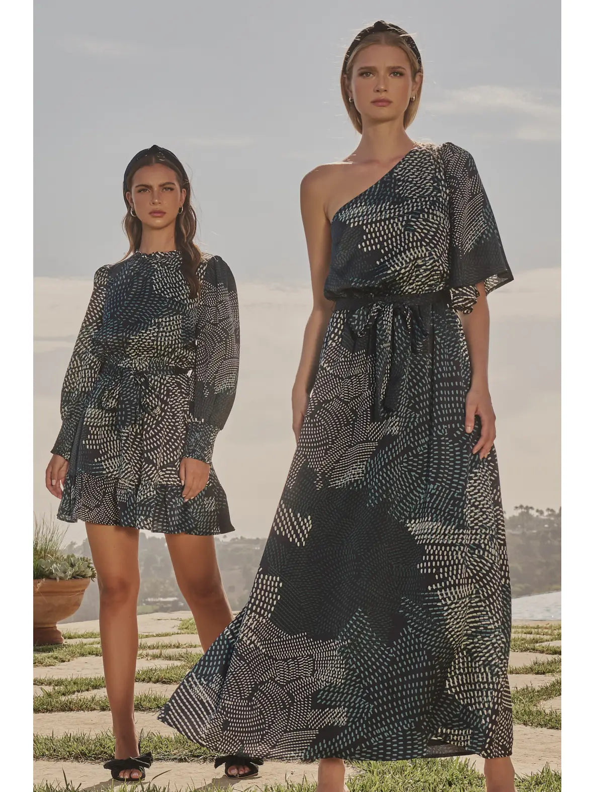 Geometric One Shoulder Satin Maxi Dress