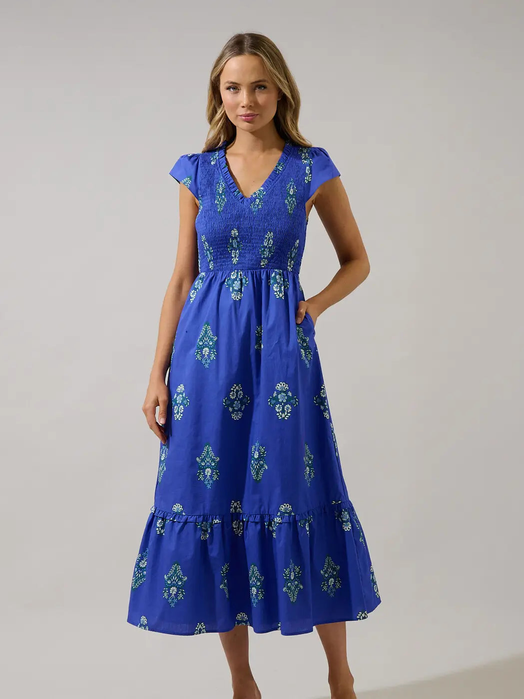 Haline Floral Smocked Midi Dress – The Pink Box