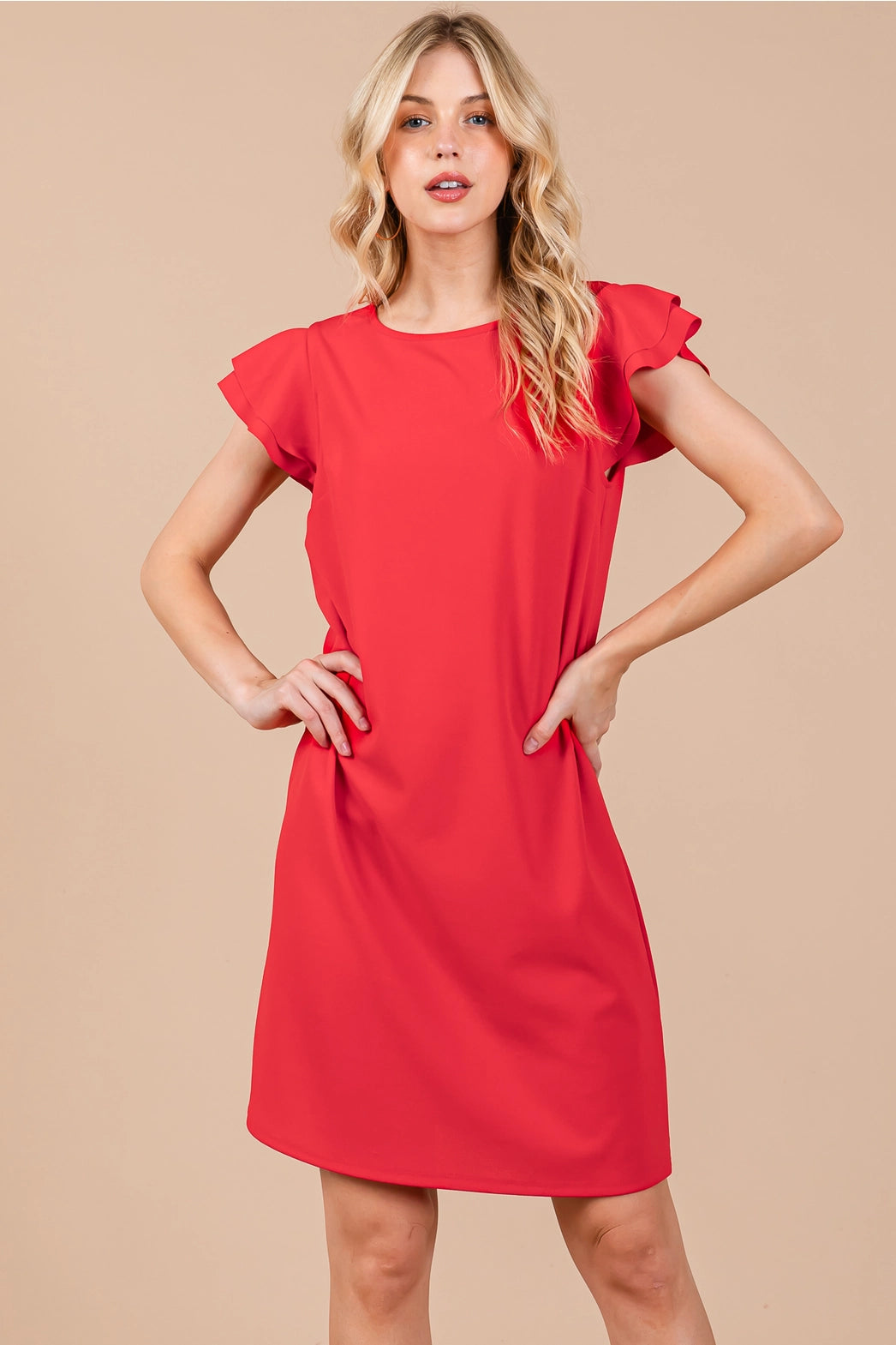 Ruffle Sleeves Solid Tunic Dress-Red