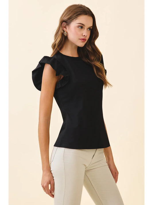 Ruffled Flutter Sleeve Top - Black