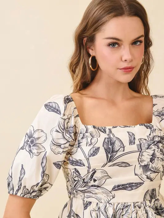 Floral Print Square Neck Ruched Bodice Top