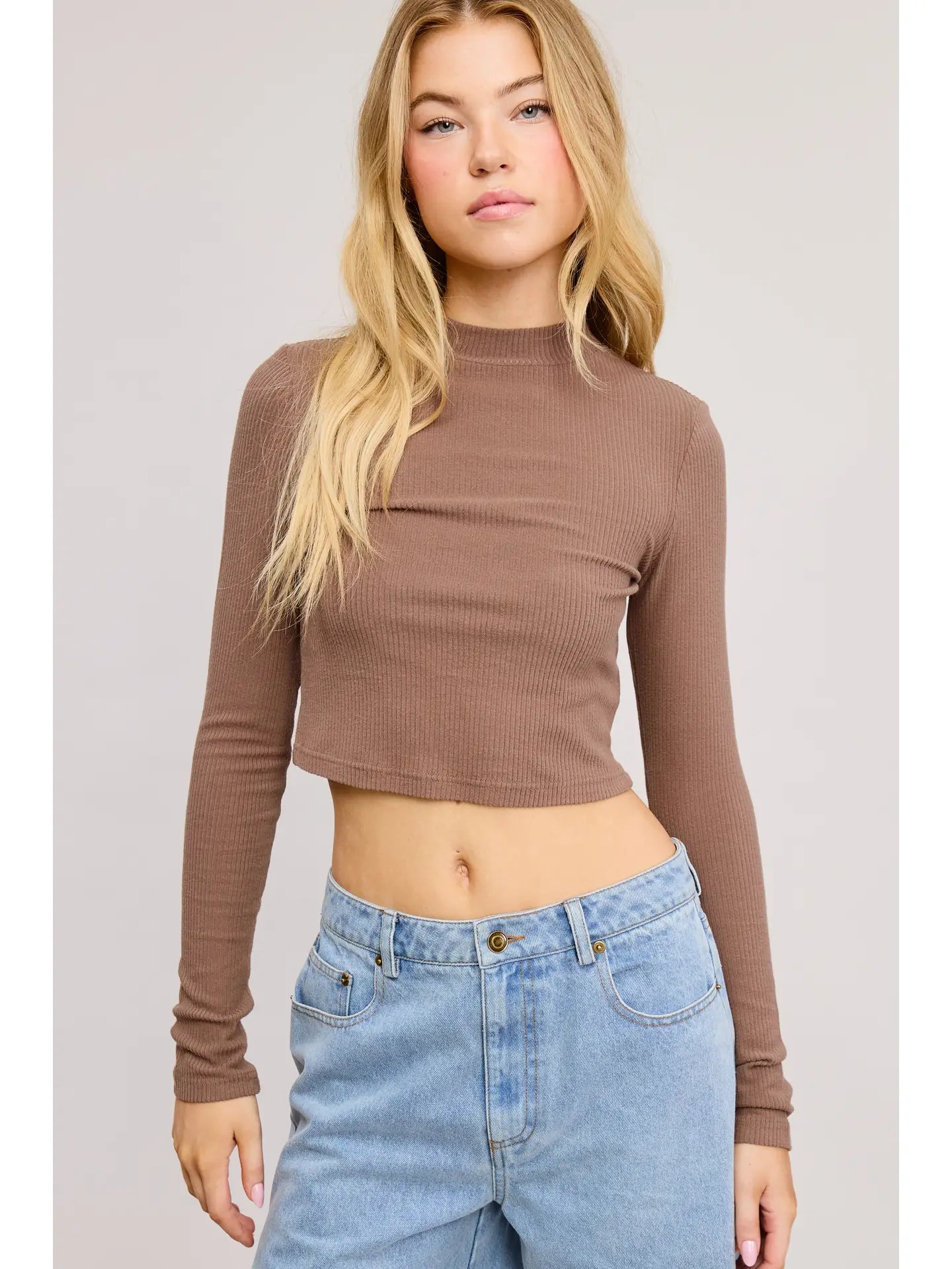 Soft Ribbed Long Sleeve Top - Cocoa