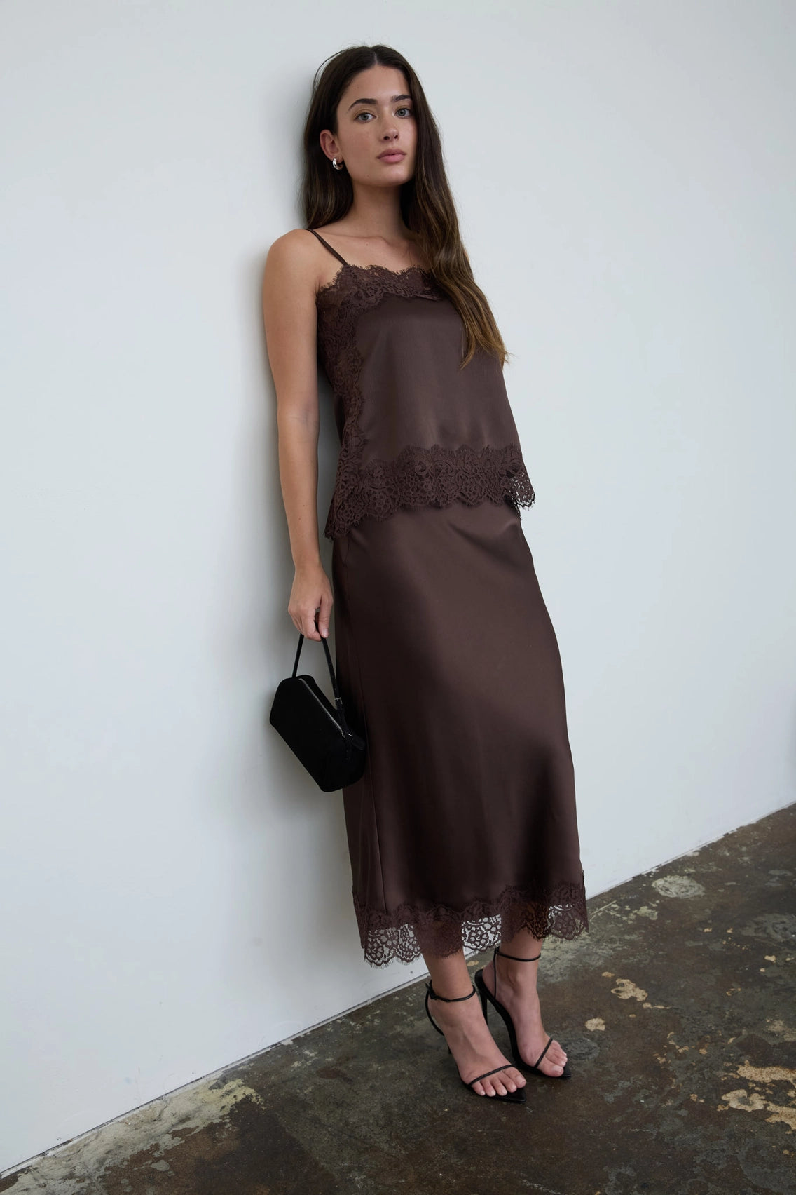 Chocolate Satin Lace Trim Cami
