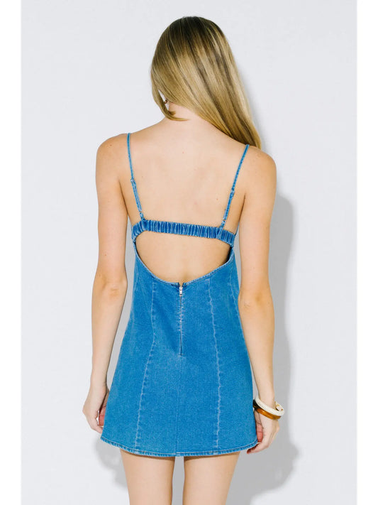 Ruched Square Neck Denim Dress