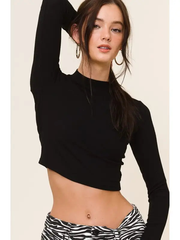 Soft Ribbed Long Sleeve Top - Black
