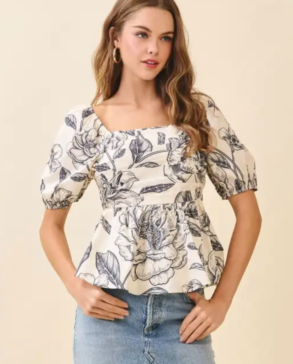 Floral Print Square Neck Ruched Bodice Top
