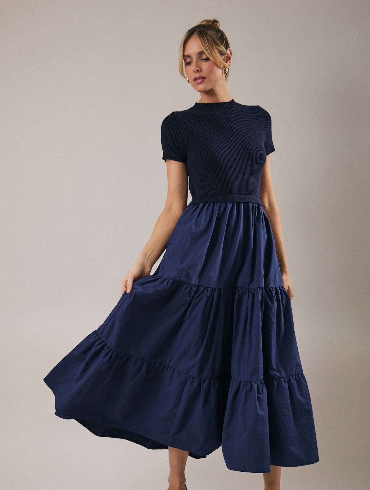 Knit & Woven Mix Midi Dress - Navy