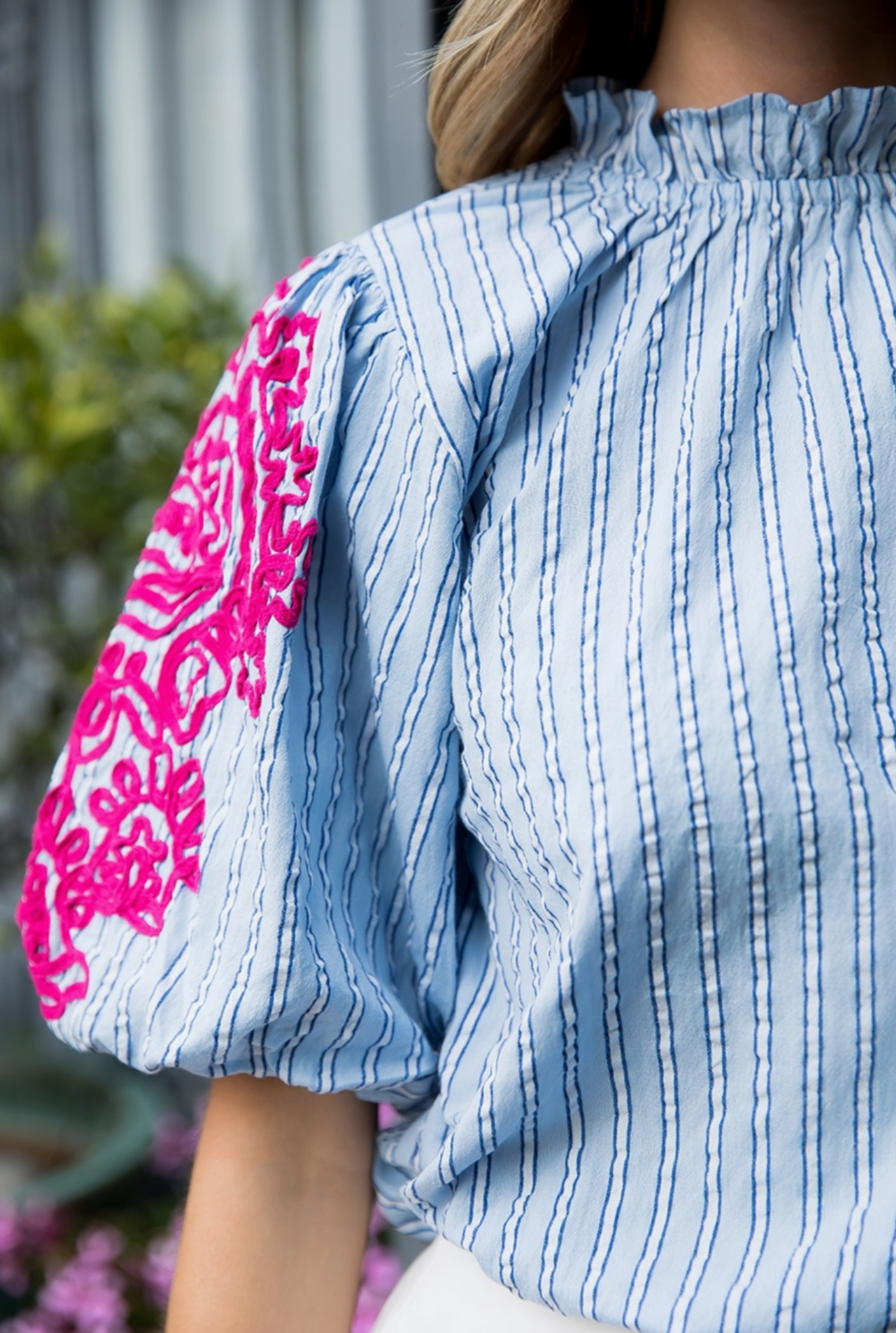 THML Embroidered Puff Sleeve Striped Top