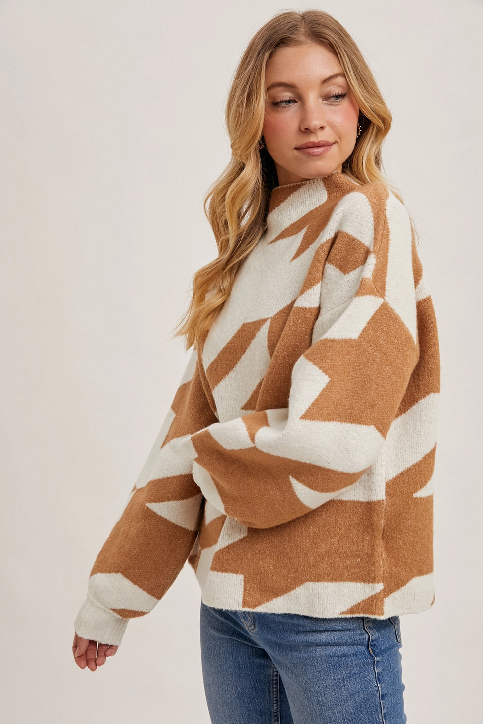 Houndstooth Mock Neck Loose Fit Knit Sweater