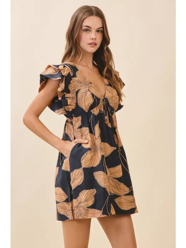 Floral Print Plunging V Neck Empire Waist Dress