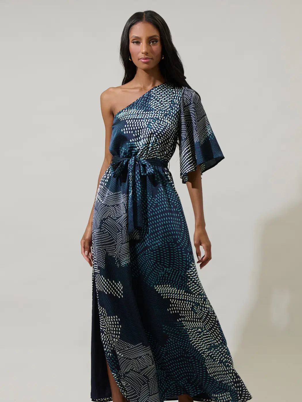 Geometric One Shoulder Satin Maxi Dress