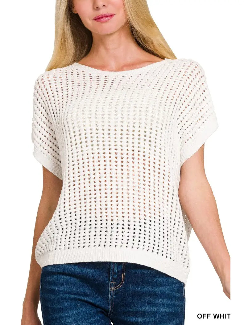 Viscose Crochet Knit Sheer Hollow Sweater- White