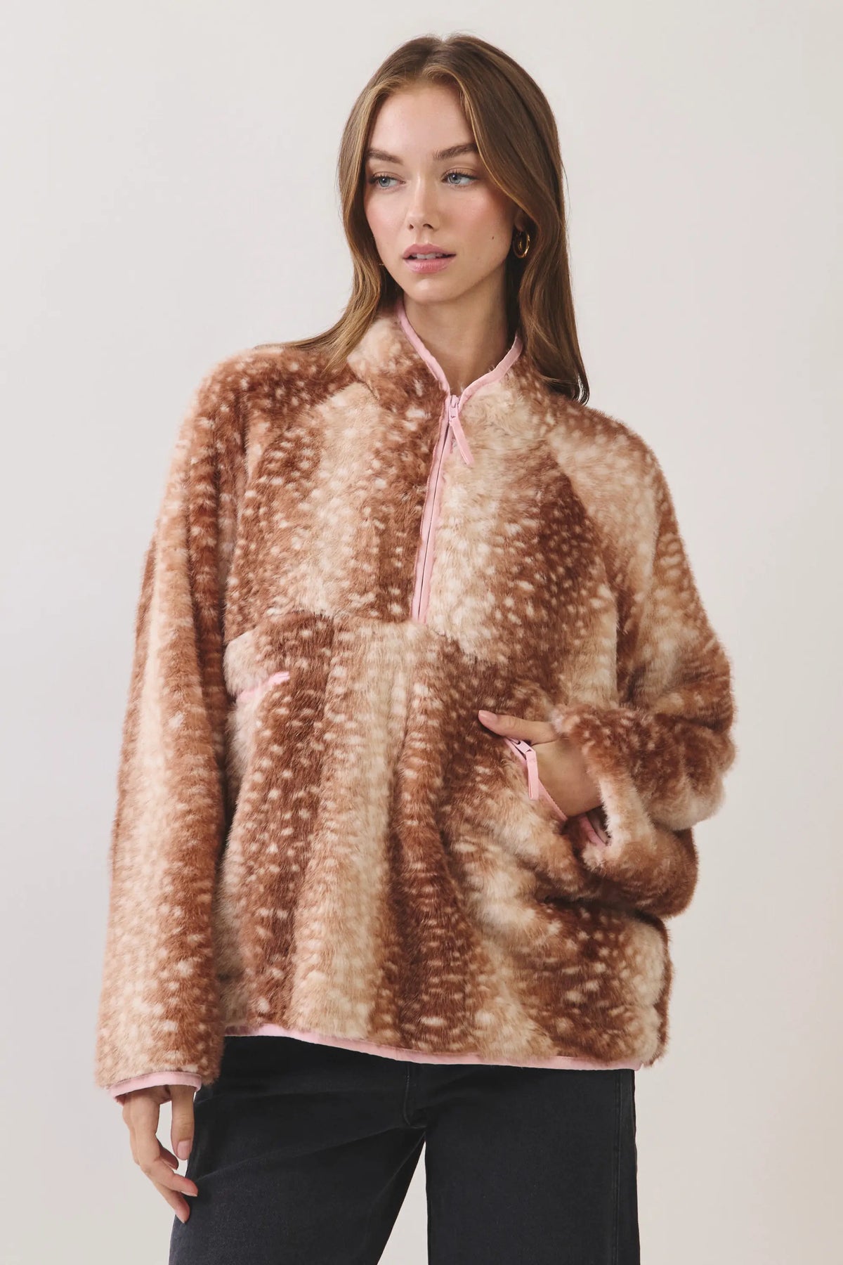 Faux Fur Deer Half-Zip Jacket