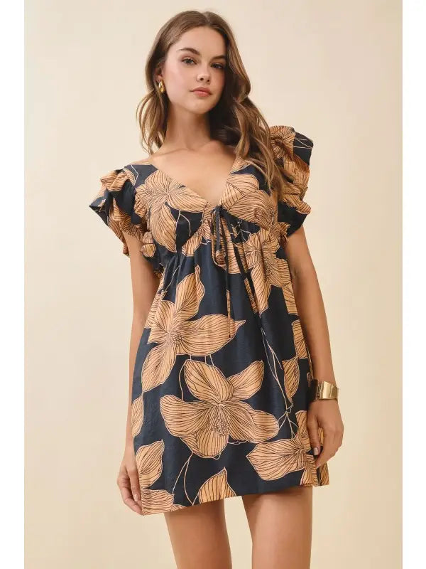 Floral Print Plunging V Neck Empire Waist Dress
