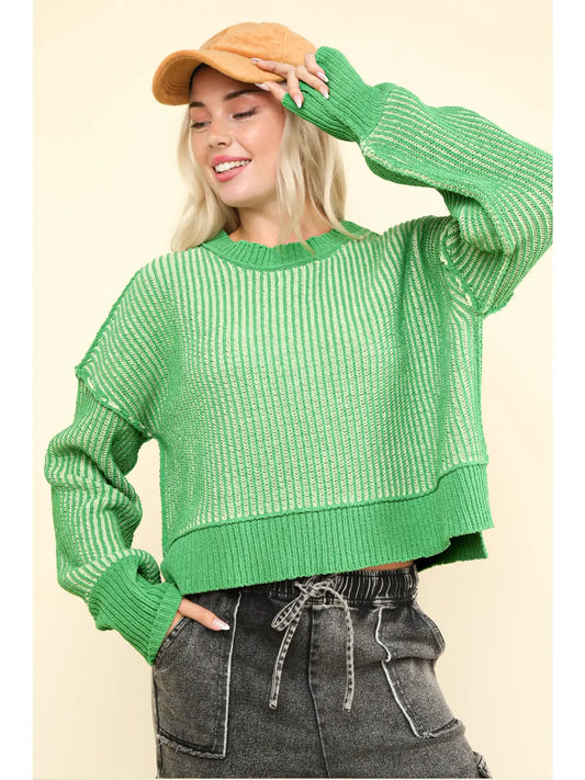 Two Tone Striped Casual Sweater - Green