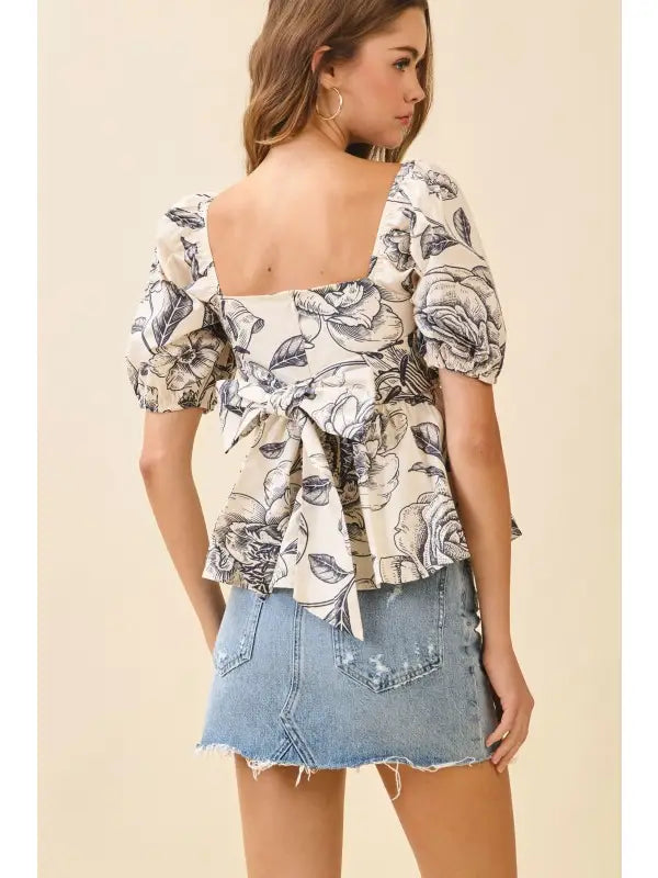 Floral Print Square Neck Ruched Bodice Top