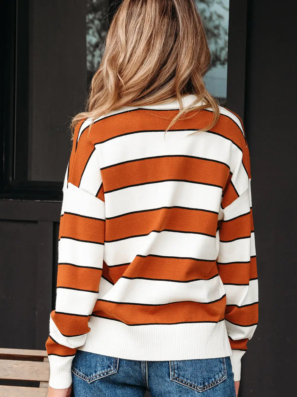 Valeria Stripe Ribbed Polo Collar Drop Shoulder Sweater