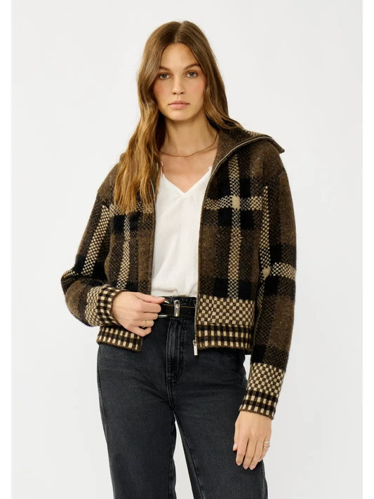 Sara Plaid Knit Zip-Up Jacket