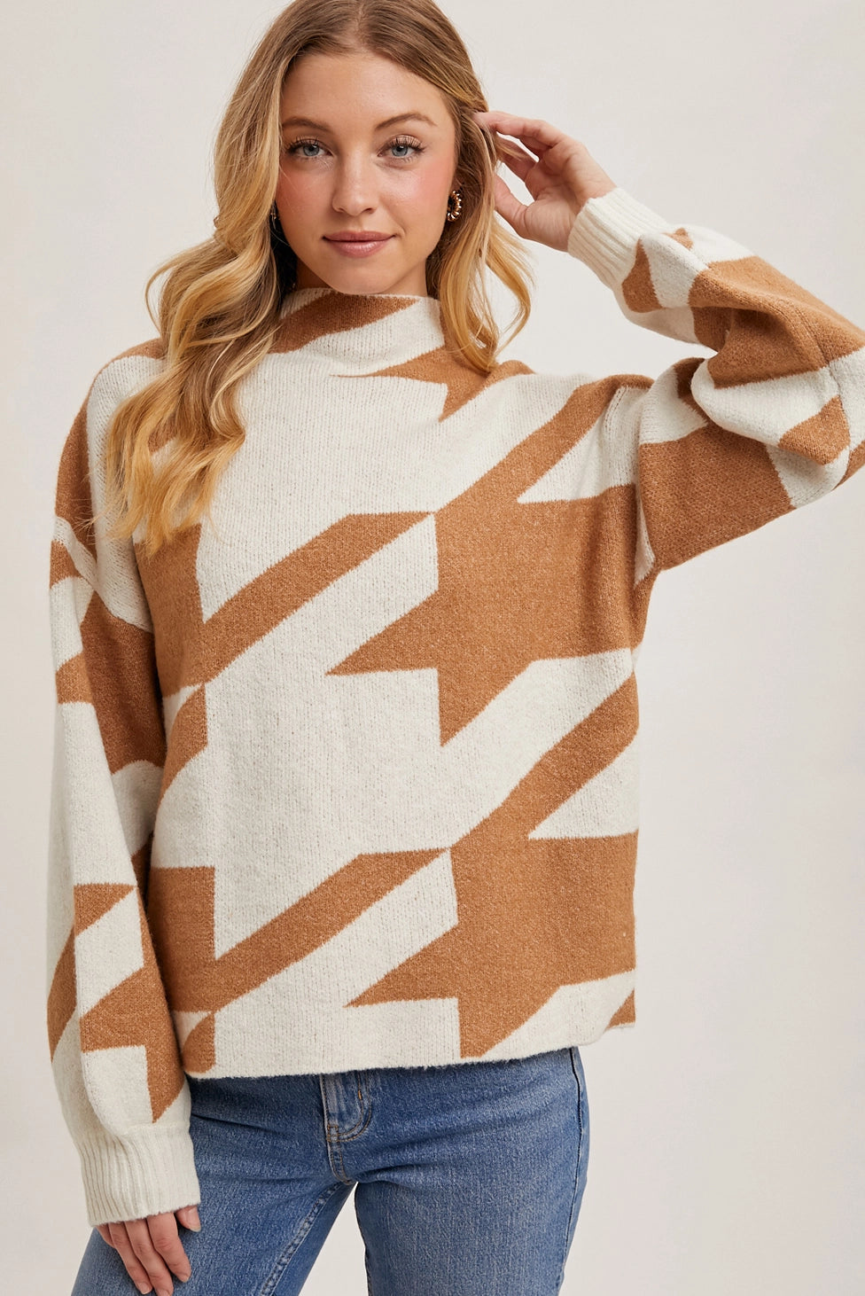 Houndstooth Mock Neck Loose Fit Knit Sweater