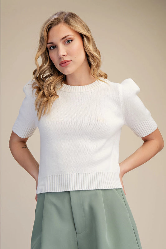 Laura Short Sleeve Knit Sweater - White