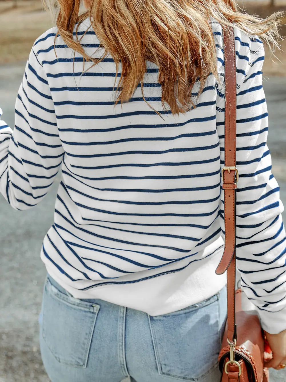 Hannah Blue Striped Print Ribbed Trim Long Sleeve Top