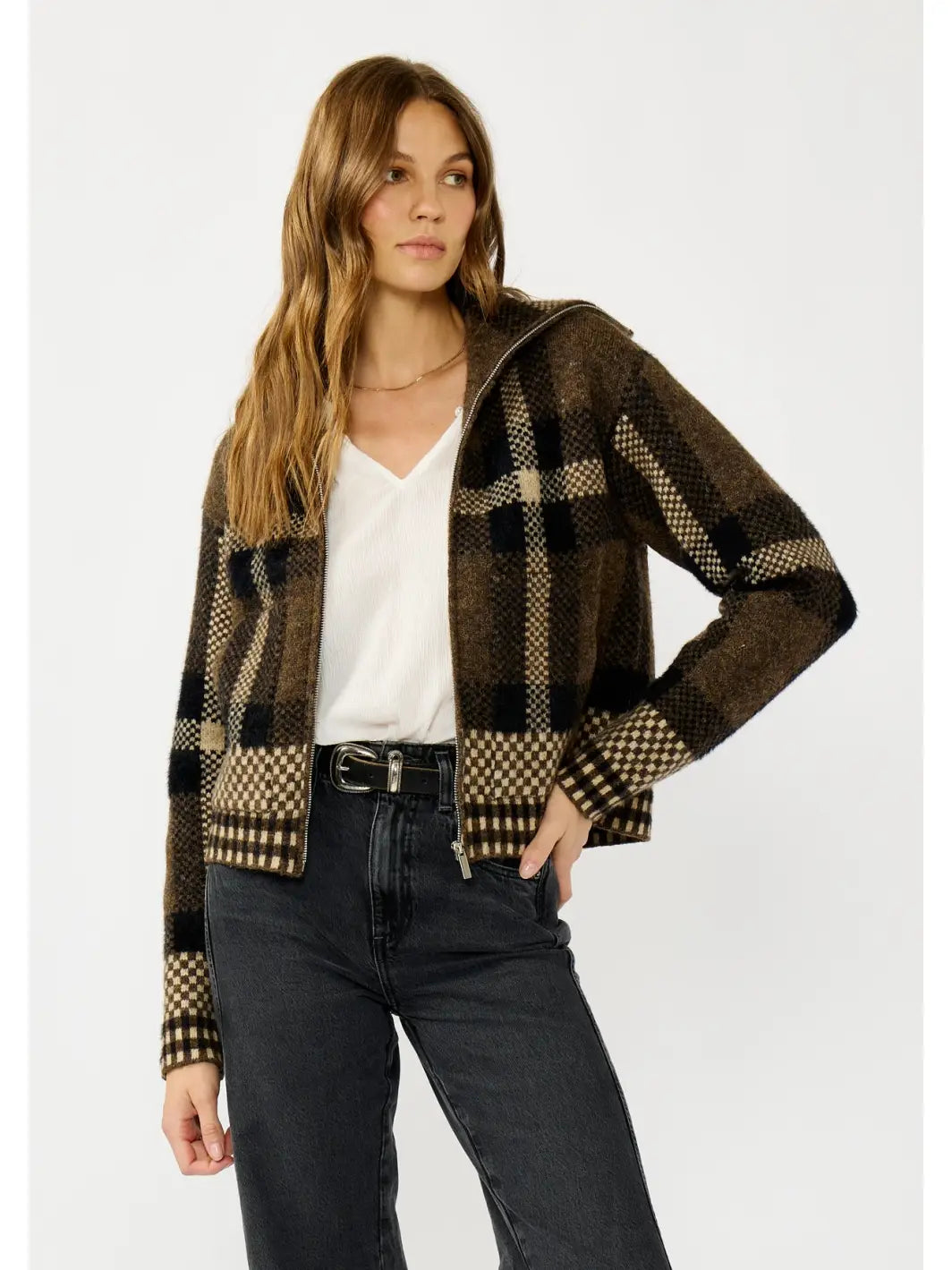 Sara Plaid Knit Zip-Up Jacket