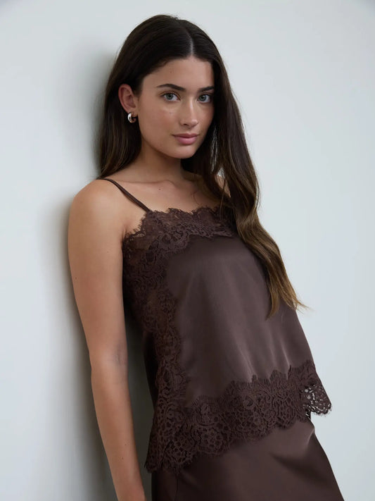 Chocolate Satin Lace Trim Cami