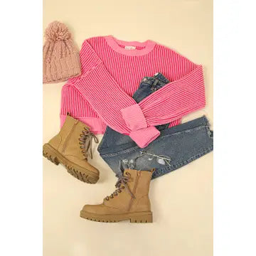 Two Tone Striped Casual Sweater - Pink