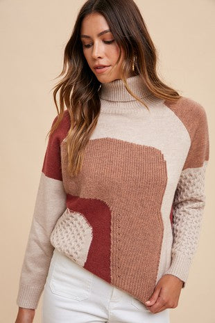 TURTLENECK MULTI PATTERN MIXED SWEATER TOP