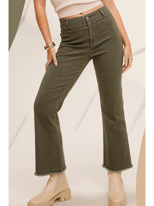 Soft Cut Edge High Waisted Flare Jeans - Olive Green