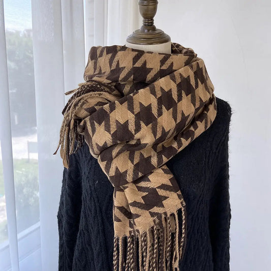 Houndstooth Scarf Tassel Thickened-Camel