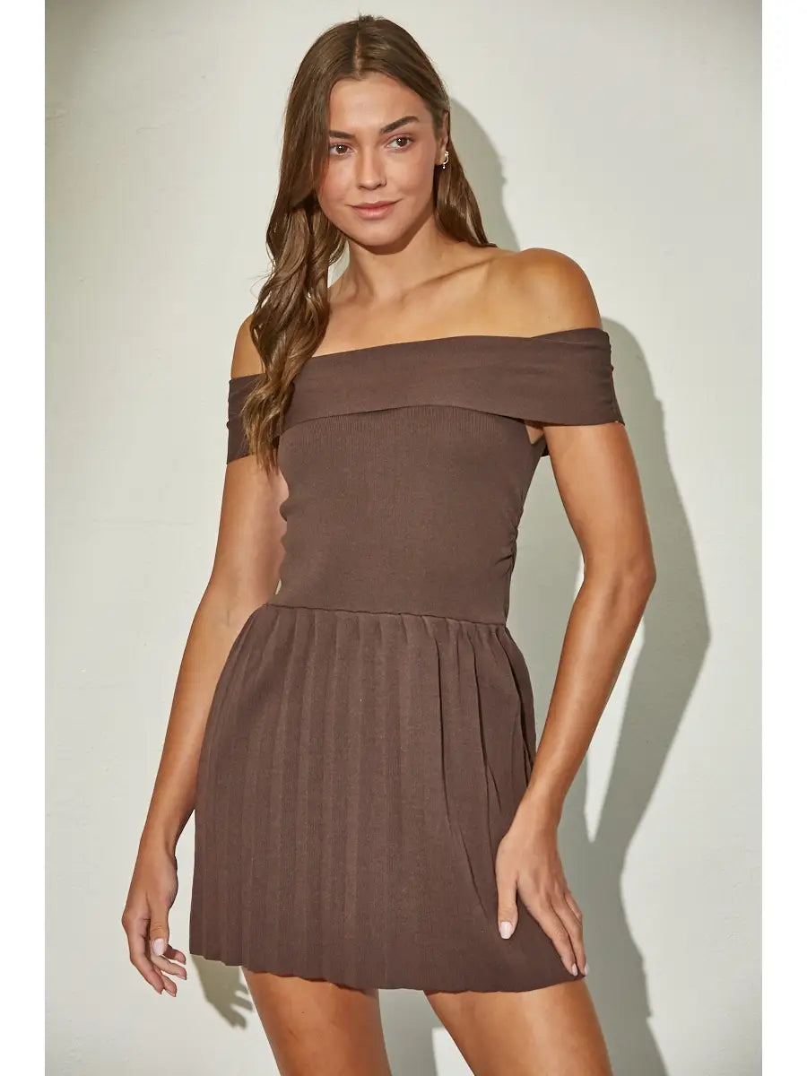 Off Shoulder Ribbed Knit Pleated Mini Dress