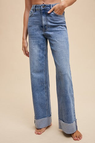 90S STRETCH CUFFED HEM HIGH RISE STRAIGHT JEANS