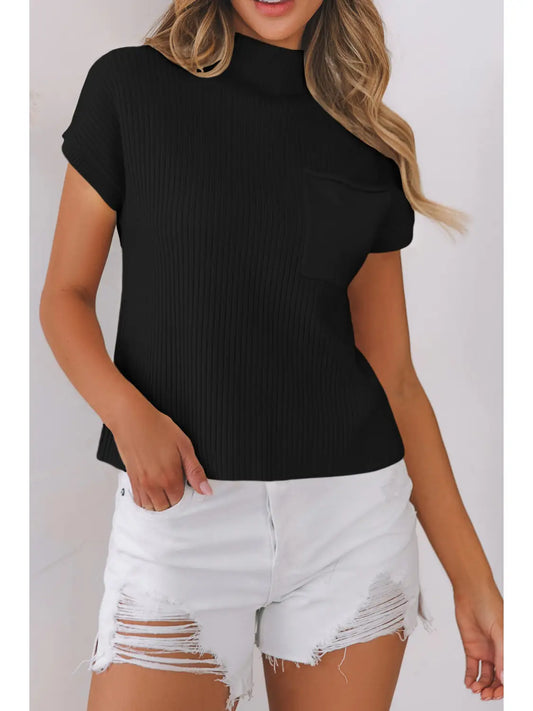 Patch Pocket Ribbed Knit Sweater - Black