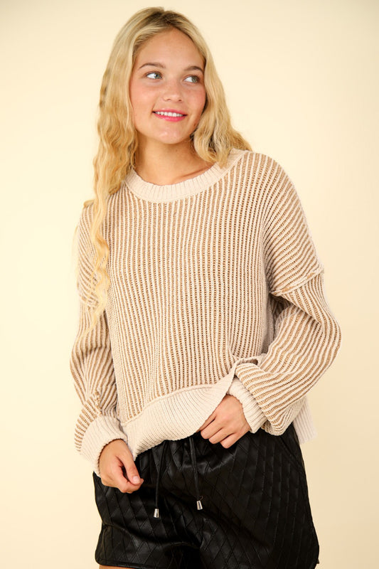 Two Tone Striped Casual Stripe Sweater Top-Ecru