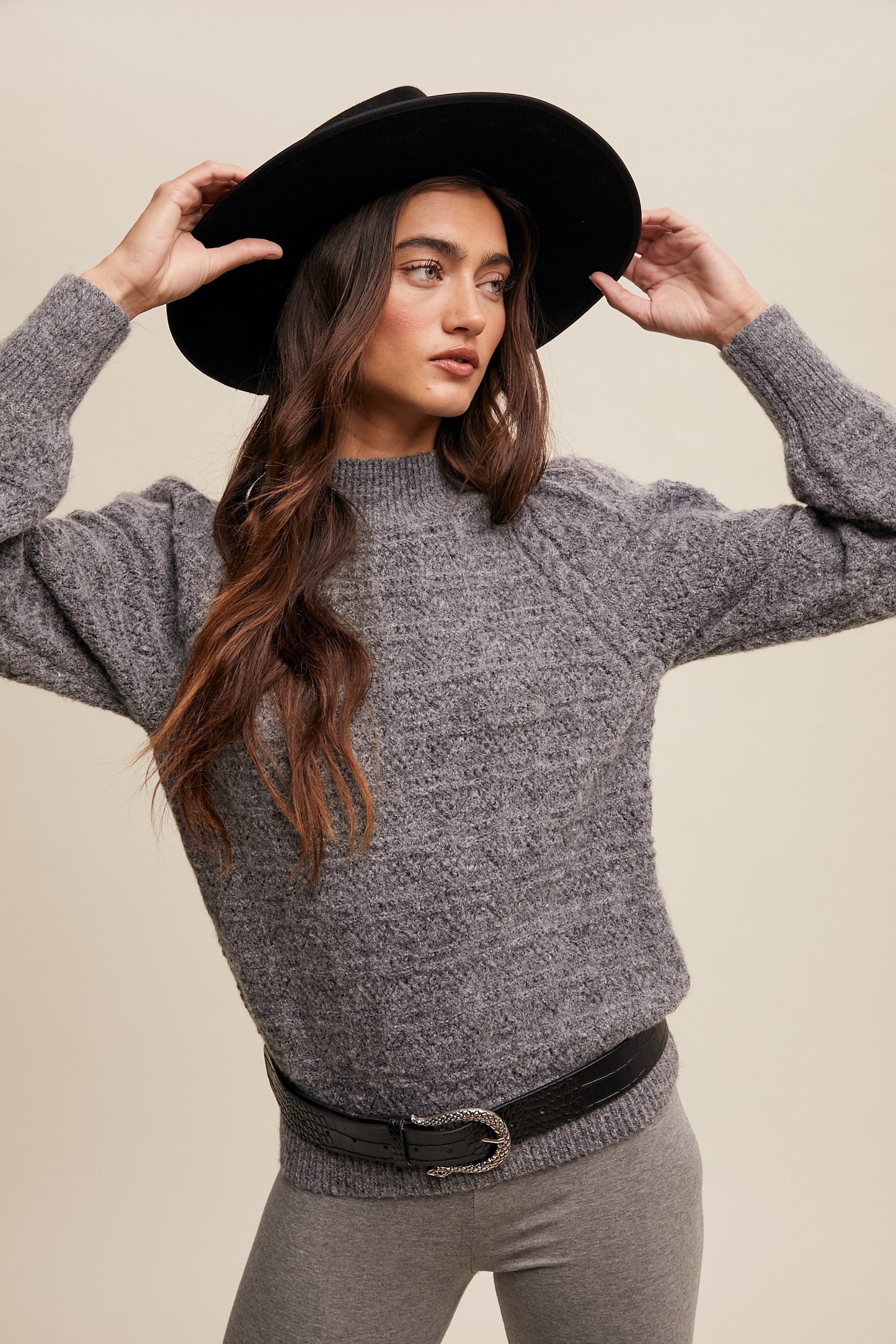 Mock Neck Puff Sleeve Pointelle Sweater