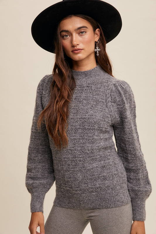 Mock Neck Puff Sleeve Pointelle Sweater