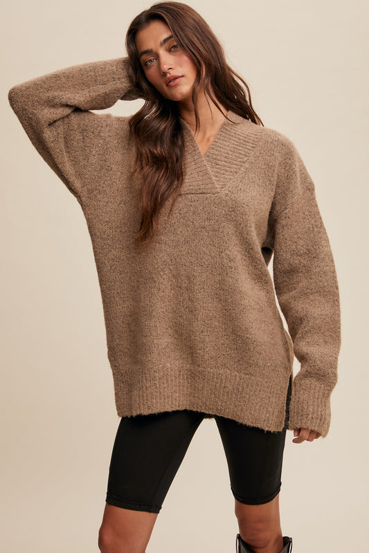 V-neck Slouchy Soft Knit Sweater-Taupe