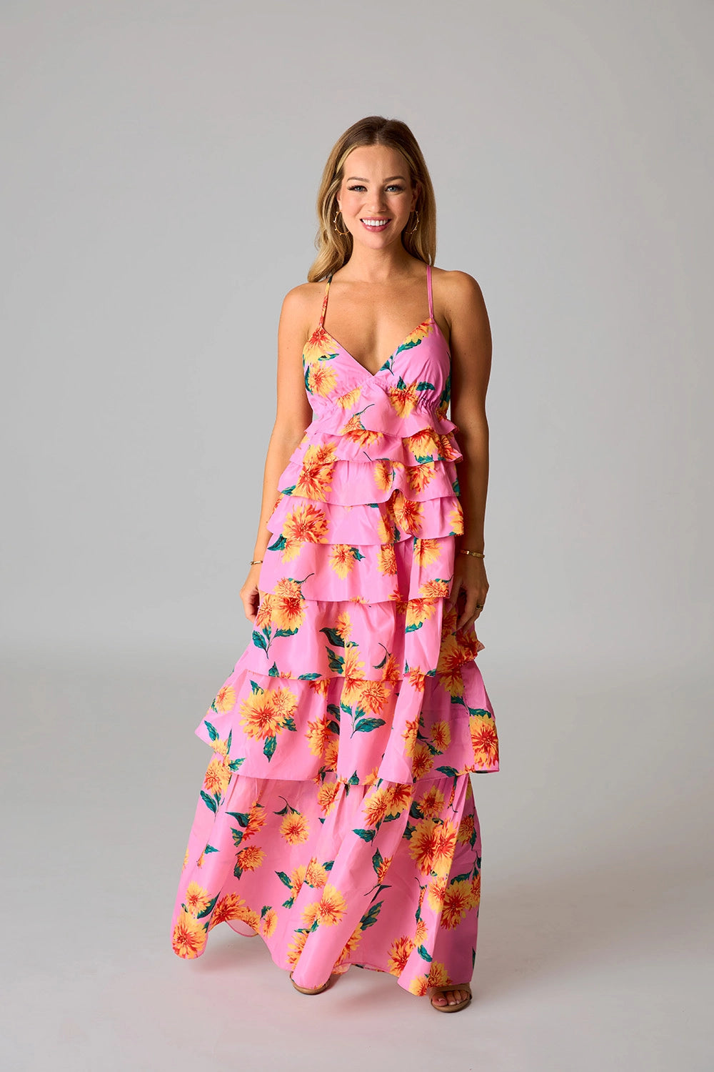 Callie Sunflower Pink Floral Ruffled Maxi Dress