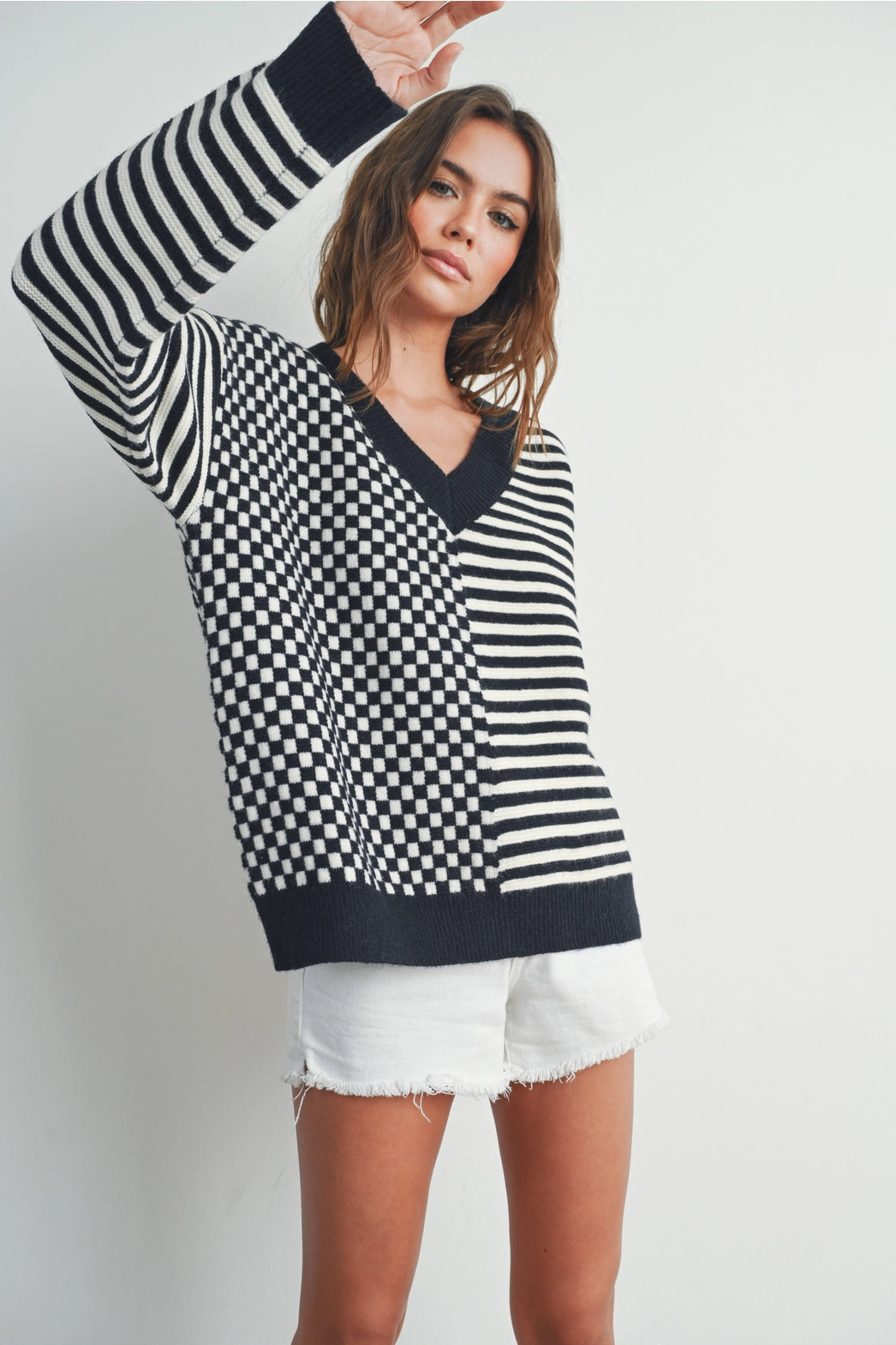 Frenchy Checker Pattern Drop Shoulder Sweater-Black