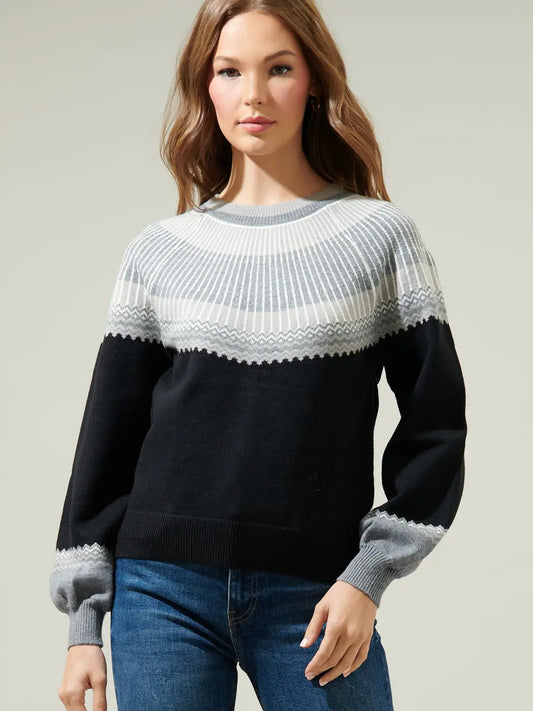 Lacey Way Round Neck Fair-Isle Sweater-Black