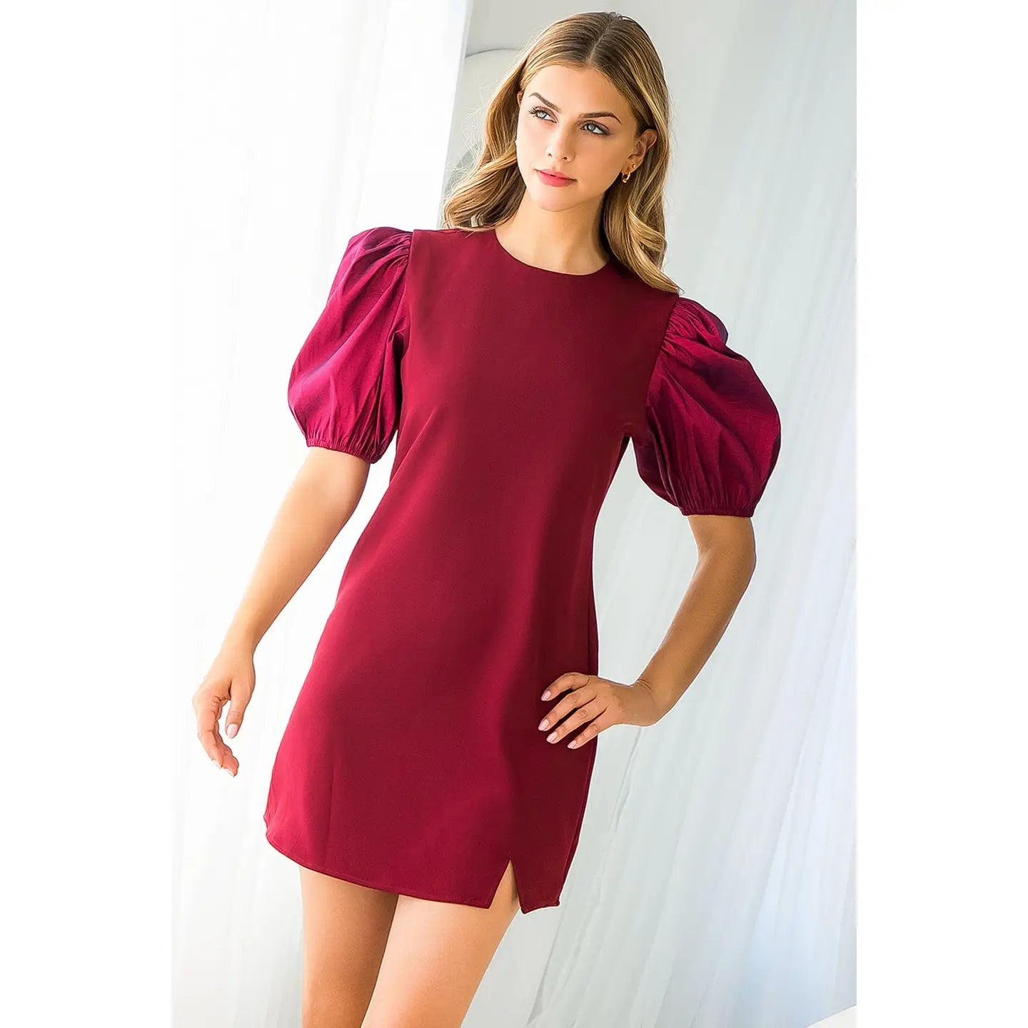 Dupioni Puff Sleeve Dress-Burgundy