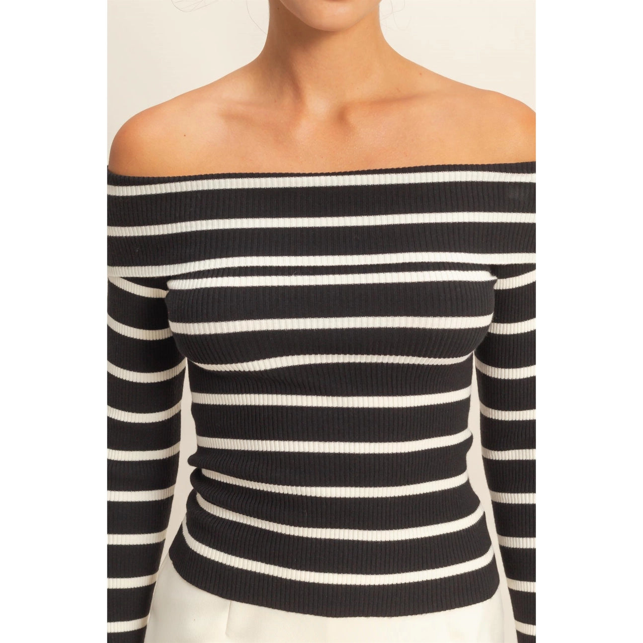 Striped Off-Shoulder Knit Sweater