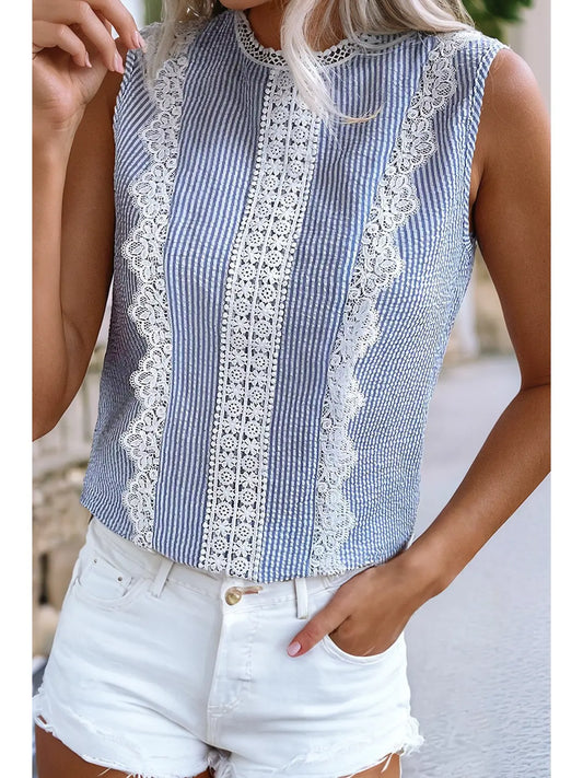 Stripe Lace Patchwork Crew Neck Tank Top- Blue