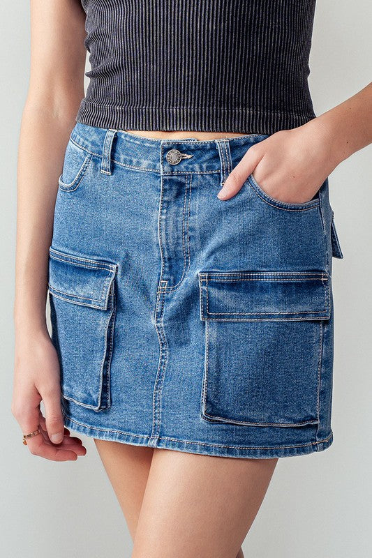 Denim Flap Pocket Cargo Mini Skirt